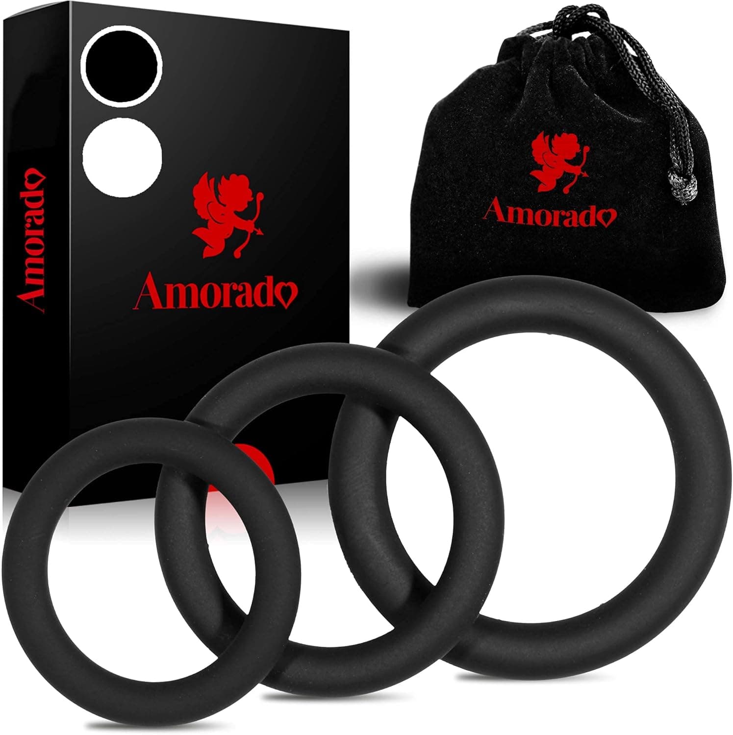 AMORADO Penisringe aus Silikon – Mega Sexspielzeug für Männer zur Potenzsteigerung - Cockring 3 er Set für eine längere und prallere Erektion – mit Samtbeutel - Schwarz, 3 Größen XL